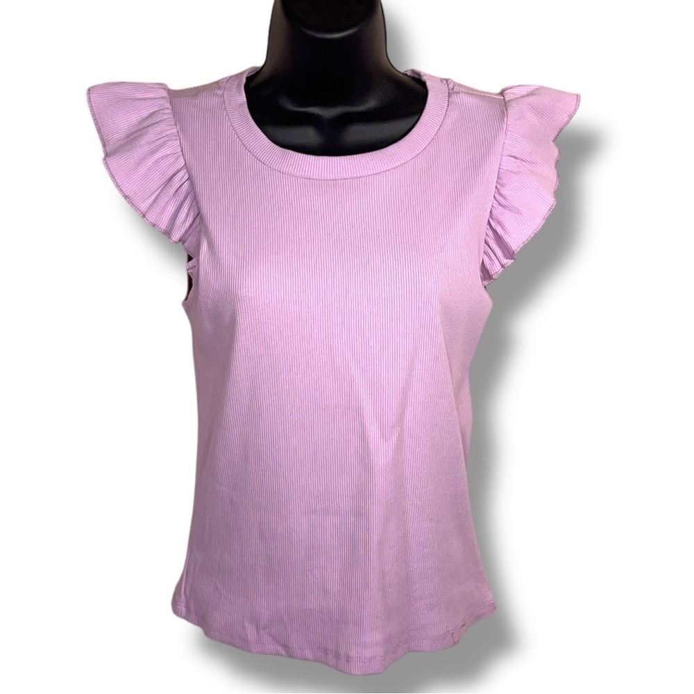New Medium Juniors Lavender Ruffle Sleeve Top Ribbed Pastel Pink Rose Brand